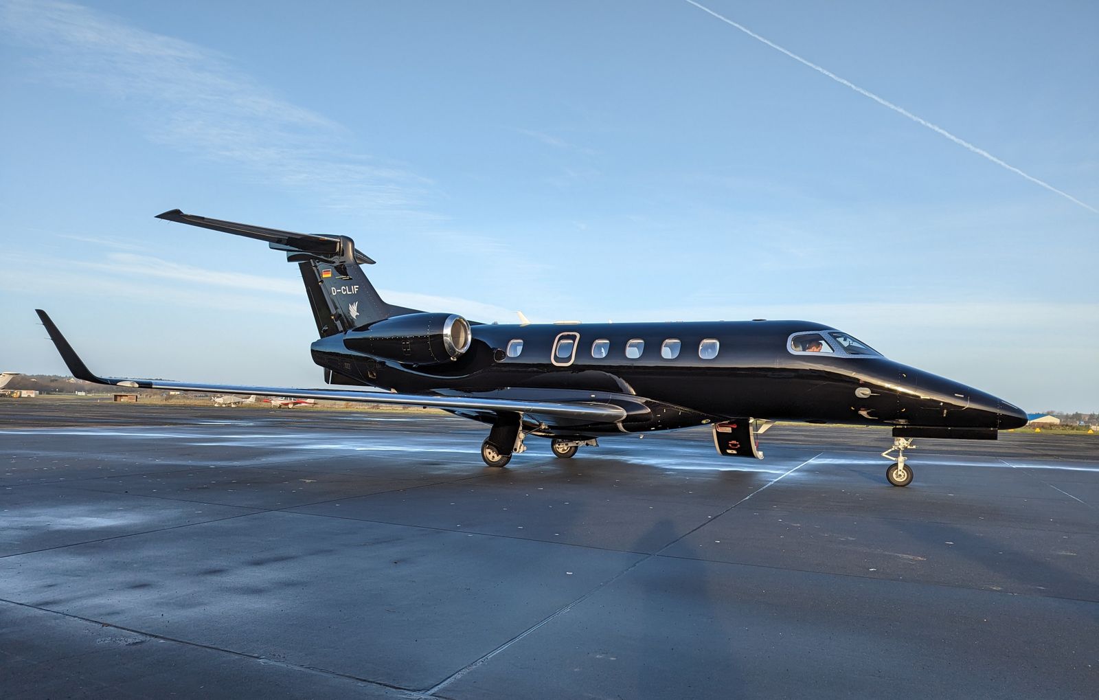 Dark-liveried private jet at an airport gate